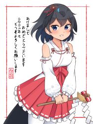 Rule 34 | 1girl, absurdres, alternate costume, bare shoulders, black hair, blue eyes, commentary, cowboy shot, detached sleeves, frilled skirt, frills, gohei, hair ornament, hakama, hakama skirt, head wings, highres, hip vent, japanese clothes, kemono friends, looking at viewer, medium hair, miko, pantyhose, parted lips, pleated skirt, puffy detached sleeves, puffy sleeves, red skirt, shiraha maru, simple background, skirt, smile, solo, superb bird-of-paradise (kemono friends), tail, translated, white background, white pantyhose, wings