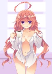 Rule 34 | 10s, 1girl, :d, ahoge, breasts, cleavage, coffee, coffee cup, collarbone, collared shirt, convenient censoring, cowboy shot, cup, disposable cup, drink, eyebrows, gluteal fold, groin, hands up, holding, holding cup, huge ahoge, kanpanerura (last period), last period, long hair, long sleeves, looking at viewer, medium breasts, naked shirt, navel, no bra, no panties, open mouth, pink hair, purinpurin, purple eyes, round teeth, shirt, smile, solo, standing, stomach, teeth, very long hair, white shirt, wing collar
