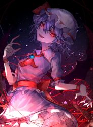 Rule 34 | 1girl, 33 gaff, ascot, black background, commentary, hat, looking at viewer, mob cap, open mouth, pointy ears, purple hair, red ascot, red eyes, remilia scarlet, shirt, short hair, short sleeves, skirt, solo, touhou, white hat, white shirt, white skirt