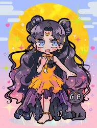 Rule 34 | 1girl, anklet, bare arms, bare shoulders, barefoot, bishoujo senshi sailor moon, black cat, black dress, black hair, blue background, blue eyes, blush stickers, bow, bowtie, cat, crescent, crescent earrings, crescent facial mark, crescent necklace, dangle earrings, dress, dual persona, earrings, eyelashes, facial mark, fog, forehead mark, full body, full moon, gradient background, hand on own chest, heart, jewelry, layered dress, long dress, long hair, looking at viewer, luna (sailor moon), luna (sailor moon) (human), moon, multiple hair buns, nail polish, necklace, open mouth, orange bow, orange bowtie, orange nails, pink background, pleated skirt, simple background, skirt, sleeveless, sleeveless dress, smile, sparkle, striped clothes, striped dress, terada tera, toes, vertical-striped clothes, vertical-striped dress, very long hair, yellow dress