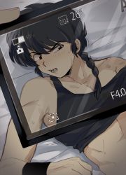 Rule 34 | 1boy, black hair, black shirt, blouse, blush, braid, braided ponytail, camcorder, clenched teeth, clothes lift, highres, looking at viewer, lying, machi (mctri), male focus, off shoulder, on back, on bed, open mouth, ponytail, pov, ranma 1/2, recording, saotome ranma, shirt, shirt lift, single braid, solo, sweat, tank top, teeth, video camera, wristband