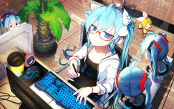 Rule 34 | &gt; &lt;, 5girls, alarm clock, bespectacled, blue eyes, blue hair, breasts, cat, chair, chibi, cleavage, clock, closed eyes, collarbone, desk, drawing tablet, flying sweatdrops, glasses, hair ribbon, hatsune miku, hood, hoodie, kagamine rin, keyboard (computer), long hair, looking at viewer, mini person, minigirl, monitor, mouse (computer), multiple girls, open clothes, open hoodie, pen, plant, potted plant, qys3, razer, red-framed eyewear, revision, ribbon, running, shirt, sitting, small breasts, stylus, twintails, very long hair, vocaloid