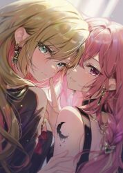 Rule 34 | 2girls, blonde hair, blush, braid, clip studio paint (medium), commentary request, crescent moon, crescent tattoo, earrings, finger on another&#039;s head, frown, green eyes, highres, jewelry, light particles, looking at viewer, moon, multicolored hair, multiple girls, official art, original, pink eyes, pink hair, smile, upper body, yukiko (tesseract), yuri