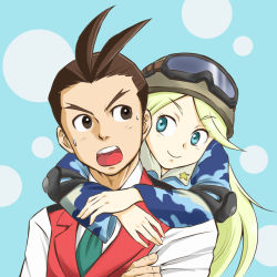 Rule 34 | 1boy, 1girl, ace attorney, antenna hair, apollo justice, aqua necktie, armie buff, black-framed eyewear, blonde hair, blue background, blue eyes, blue pajamas, blue shirt, blush, brown hair, brown headwear, child, closed mouth, collared shirt, elbow pads, eye contact, eyewear on headwear, forehead, forked eyebrows, goggles, happy, helmet, hug, hug from behind, kaichi (rocchi), light blush, long hair, long sleeves, looking at another, looking to the side, matching hair/eyes, necktie, open mouth, pajamas, parted bangs, phoenix wright: ace attorney - spirit of justice, red vest, shirt, short hair, simple background, smile, star (symbol), sweat, teeth, two-tone background, v-shaped eyebrows, vest