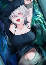 Rule 34 | 1girl, alternate hairstyle, bare arms, bare shoulders, blush, breasts, cleavage, collarbone, eyes visible through hair, gomo, gradient hair, grey hair, hair over one eye, highres, large breasts, looking at viewer, lying, mole, mole under eye, multicolored hair, navel, nijisanji, on back, open mouth, purple eyes, short hair, sleeveless, solo, spaghetti strap, stomach, strap slip, sukoya kana, virtual youtuber