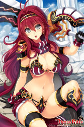 Rule 34 | 1girl, armlet, armor, bikini armor, black eyes, blush, breasts, cleavage, fang, gloves, highres, hisen kaede, huge breasts, kikyou-0423, long hair, looking at viewer, navel, official art, open mouth, red hair, scarf, grey eyes, sitting, solo, thighlet, venus blade, weapon