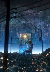 Rule 34 | 1girl, absurdres, barefoot, black dress, black hair, bubble, building, chair, city lights, closed mouth, commentary request, dress, fantasy, fireflies, fish, forest, highres, holding, holding leaf, leaf, light, light bulb, nature, night, original, power lines, scenery, short sleeves, sitting, skyscraper, solo, surreal, utility pole, window, y y (ysk ygc)