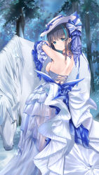Rule 34 | 1girl, absurdres, aqua eyes, aqua hair, arino ayarei, azur lane, backless dress, backless outfit, bareback, blue ribbon, breasts, cheshire (azur lane), cheshire (the cat and the white steed) (azur lane), detached sleeves, dress, evening gown, frilled dress, frills, from behind, hat, highres, horse, large breasts, layered dress, looking at viewer, looking back, medium hair, multicolored hair, official alternate costume, outdoors, purple hair, ribbon, see-through, smile, solo, sun hat, two-tone hair, white dress, white hat, white horse