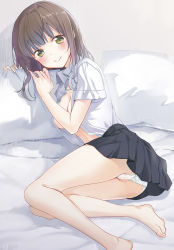 Rule 34 | 1girl, :&gt;, bad id, bad pixiv id, bare legs, barefoot, bed sheet, black skirt, blush, breasts, brown eyes, brown hair, cleavage, closed mouth, collared shirt, dress shirt, green eyes, indoors, long hair, looking at viewer, lying, maigoyaki, medium breasts, on side, open clothes, open shirt, original, panties, pillow, pleated skirt, shirt, short sleeves, skirt, smile, solo, tareme, thighs, toes, underwear, uniform, white panties, white shirt