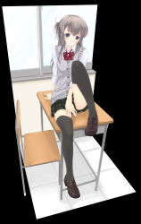 Rule 34 | 1girl, desk, highres, mikazukimo, on desk, original, school uniform, sitting, on desk, skirt, solo, sweater vest, thighhighs, zettai ryouiki