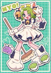 Rule 34 | 1girl, ;d, animal ears, animal hands, animal hat, apron, bell, blue bow, blue dress, bow, broom, bug, caffeinejunk6, cat ears, cat hat, cat tail, dejiko, di gi charat, dress, full body, gloves, green eyes, green hair, grid background, hair bell, hair intakes, hair ornament, hat, highres, holding, holding broom, jingle bell, looking at viewer, maid apron, mittens, one eye closed, open mouth, parted bangs, paw gloves, paw shoes, puffy sleeves, short hair, smile, solo, standing, tail, v, white mittens