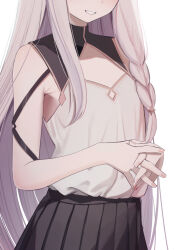 Rule 34 | 1girl, armpit crease, bare shoulders, black skirt, braid, can zhu, chinese commentary, close-up, clothing cutout, commentary request, fingernails, flat chest, grey hair, head out of frame, highres, interlocked fingers, light blush, long hair, low-tied long hair, luxida vega, no jacket, own hands clasped, own hands together, pleated skirt, reverie (vtuber group), simple background, single braid, skirt, smile, solo, teeth, very long hair, virtual youtuber, white background