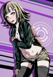 Rule 34 | 1girl, alternate costume, backpack, bag, black jacket, black thighhighs, blunt bangs, breasts, brown shorts, cleavage, collarbone, danganronpa (series), danganronpa 2: goodbye despair, earrings, flipped hair, fuzzlogik, galaga, hair ornament, hairclip, hand up, highres, jacket, jewelry, large breasts, medium hair, multicolored background, nanami chiaki, navel, necklace, open clothes, open jacket, open mouth, pink bag, pink eyes, rabbit hair ornament, shiny skin, shorts, sleeves past wrists, solo, stomach, thighhighs