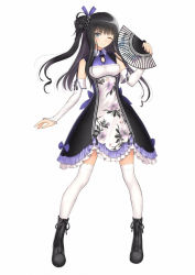 Rule 34 | 1girl, bare shoulders, black footwear, black hair, boots, braid, breasts, bridal gauntlets, closed mouth, dress, floral print, frilled dress, frilled skirt, frilled sleeves, frills, grey eyes, hair bun, hand fan, holding, long hair, looking at viewer, medium breasts, one eye closed, original, side bun, simple background, single side bun, skirt, sleeveless, smile, solo, standing, thighhighs, tony taka, white background, white thighhighs, zettai ryouiki