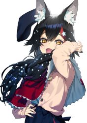 Rule 34 | 1girl, :d, animal ear fluff, animal ears, black hair, cardigan, chyko, highres, hololive, long hair, looking at viewer, ookami mio, ookami mio (street), open mouth, pleated skirt, red hair, simple background, skirt, smile, solo, twintails, virtual youtuber, white background, wolf ears, yellow eyes