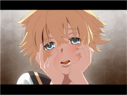 Rule 34 | 1boy, blonde hair, green eyes, hands on own cheeks, hands on own face, kagamine len, letterboxed, male focus, mirai nikki, open mouth, parody, short hair, solo, vocaloid, yandere trance