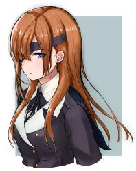 Rule 34 | 1girl, black jacket, black ribbon, blue eyes, brown hair, buttons, closed mouth, collared shirt, commentary, cropped torso, double-breasted, dress shirt, eyepatch, fate/grand order, fate (series), green background, hair over one eye, highres, jacket, light smile, long hair, long sleeves, looking at viewer, neck ribbon, ophelia phamrsolone, outside border, ribbon, shichisaburo, shirt, solo, upper body, white shirt, wing collar