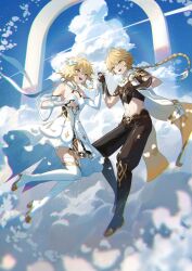 Rule 34 | 1boy, 1girl, aether (genshin impact), ahoge, architecture, armor, baggy pants, bare shoulders, belt, black footwear, blonde hair, bloom, blue sky, blush, boots, braid, breasts, brother and sister, brown belt, brown gloves, brown pants, brown shirt, cloud, cloudy sky, commentary, cumulonimbus cloud, day, detached sleeves, dress, earrings, english commentary, feather hair ornament, feathers, flower, flying, full body, genshin impact, gloves, gold trim, hair between eyes, hair flower, hair ornament, hair ribbon, hands up, holding, holding hands, jewelry, krin (krinnin), long hair, long sleeves, looking at another, lumine (genshin impact), medium breasts, open mouth, pants, petals, red flower, ribbon, scarf, shirt, short hair, short sleeves, shoulder armor, siblings, sidelocks, single earring, sky, smile, star (symbol), teeth, thigh boots, tongue, twins, white dress, white footwear, white ribbon, white scarf, yellow eyes
