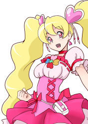 Rule 34 | 00s, 1girl, bakusai, blonde hair, bow, brooch, choker, clenched hand, corset, cure peach, dress, earrings, fresh precure!, hair ornament, heart, heart hair ornament, jewelry, long hair, magical girl, momozono love, pink bow, pink dress, pink skirt, precure, puffy sleeves, red eyes, skirt, smile, solo, twintails, white background