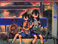 Rule 34 | 1boy, 1girl, ahoge, backpack, bag, black hair, blue shorts, brother and sister, brown fur, bus stop, carmine (pokemon), closed mouth, colored inner hair, creatures (company), crossed bangs, crying, eyelashes, frown, game freak, gen 2 pokemon, gen 3 pokemon, grass, grey shirt, hair between eyes, hairband, highres, kieran (pokemon), multicolored hair, nintendo, on bench, outdoors, pokemon, pokemon (creature), pokemon sv, poochyena, red hair, red shirt, sentret, shirt, shorts, siblings, sitting, tail, tears, two-tone hair, v-shaped eyebrows, wrozzii, yellow eyes, yellow hairband