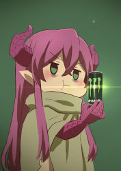 Rule 34 | 1girl, :t, animal hands, bags under eyes, blush, can, chibi, claws, closed mouth, crossed bangs, dragon girl, drooling, energy drink, green background, green eyes, highres, holding, holding can, horns, jitome, long hair, meikyuu black company, monster energy, monster girl, pink hair, rimu (meikyuu black company), robe, simple background, solo, standing, torn clothes, upper body, yukiyoshi mamizu