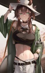Rule 34 | 1girl, absurdres, animal ears, arknights, black choker, black shirt, brown hair, choker, closed mouth, coat, crop top, ears through headwear, fedora, green coat, green eyes, hat, highres, hiyaori (hiyahiyaval), horse ears, horse girl, looking at viewer, medium hair, meteor (arknights), meteor (bard&#039;s holiday) (arknights), midriff, mole, mole under eye, navel, official alternate costume, open clothes, open coat, pants, shirt, smile, solo, white hat, white pants