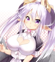 Rule 34 | 1girl, blush, breasts, cleavage, cleavage cutout, clothing cutout, demon horns, eteru (mofuaki), heart, horns, large breasts, long hair, looking at viewer, mofuaki, original, pointy ears, purple eyes, purple hair, smile, solo, wings