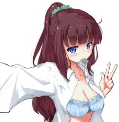 Rule 34 | 10s, 1girl, blue bra, blue eyes, blush, bra, breasts, brown hair, cleavage, collarbone, collared shirt, condom, condom in mouth, dress shirt, hair ornament, hair scrunchie, long hair, looking at viewer, md5 mismatch, medium breasts, mole, mole on breast, mouth hold, new game!, open clothes, open shirt, outstretched arms, ponytail, reaching, reaching towards viewer, rocha (aloha ro cha), scrunchie, selfie, shirt, simple background, solo, takimoto hifumi, underwear, upper body, w, white background, wing collar
