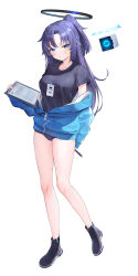 Rule 34 | 1girl, absurdres, bare legs, black footwear, black shirt, blue archive, blue buruma, blue eyes, blue hair, blue jacket, breasts, buruma, frown, full body, half updo, halo, highres, holding, id card, jacket, legs, long hair, long sleeves, looking at viewer, medium breasts, miruto netsuki, off shoulder, official alternate costume, parted bangs, partially unzipped, shirt, shoes, short sleeves, simple background, solo, standing, thighs, v-shaped eyebrows, white background, yuuka (blue archive), yuuka (track) (blue archive)