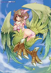 Rule 34 | 1girl, :q, armpits, ass, blush, breasts, brown hair, cameltoe, claws, cleavage, cloud, day, feathers, flying, from behind, green eyes, hair ornament, harpy (monster girl encyclopedia), highres, kenkou cross, looking at viewer, looking back, medium breasts, monster girl, monster girl encyclopedia, naughty face, nipples, official art, panties, pink panties, pussy juice, short hair, sky, smile, solo, tongue, tongue out, underwear, wings