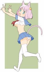 Rule 34 | 1girl, :d, absurdres, animal ears, ass, bad id, bad twitter id, bell, blue eyes, blue sailor collar, blue skirt, blunt bangs, blush, breasts, cat ears, cat tail, clothing cutout, crop top, cropped shirt, donguri suzume, double w, from behind, full body, green background, hair bell, hair ornament, highres, jingle bell, looking at viewer, looking back, medium breasts, microskirt, neckerchief, no shoes, open mouth, original, panties, pink hair, pleated skirt, red neckerchief, sailor collar, school uniform, serafuku, shirt, simple background, skirt, smile, solo, standing, standing on one leg, tail, tail through clothes, thighhighs, underboob, underwear, w, walking, white panties, white shirt, white thighhighs