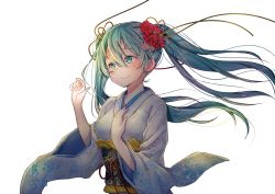 Rule 34 | 1girl, bad id, bad pixiv id, blush, closed mouth, eyebrows hidden by hair, floating hair, floral print, flower, goyain, green eyes, green hair, hair between eyes, hair flower, hair ornament, hands up, hatsune miku, highres, japanese clothes, kimono, long hair, long sleeves, looking away, obi, print kimono, red flower, sash, simple background, smile, solo, transparent background, twintails, very long hair, vocaloid, white background, white kimono, wide sleeves