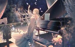 Rule 34 | 1girl, arm up, blurry, blurry foreground, breasts, cangchen, choker, cleavage, dress, evening gown, floating hair, grand piano, instrument, long dress, long hair, medium breasts, original, parted lips, piano, sideboob, sky, sleeveless, sleeveless dress, solo, standing, star (sky), starry sky, very long hair, white choker, white dress, white hair, yellow eyes