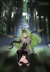 Rule 34 | 1girl, absurdres, barefoot, feet, green eyes, green hair, highres, honkai (series), honkai impact 3rd, long hair, looking at viewer, mobius (honkai impact), open mouth, soles, stirrup legwear, toeless legwear, toes