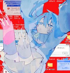 Rule 34 | 1girl, absurdres, blue eyes, blue hair, blue jacket, blue screen of death, blue skirt, blue theme, blue thighhighs, closed mouth, commentary, digital dissolve, ene (kagerou project), error message, expressionless, facial mark, falling, glitch, highres, jacket, kagerou project, long hair, long sleeves, looking up, microsoft windows, skirt, sleeves past fingers, sleeves past wrists, solo, soresaki, thighhighs, twintails, windows 7, windows xp, zipper pull tab