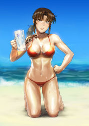 Rule 34 | 1girl, azasuke, beach, beer mug, bikini, black lagoon, blue sky, breasts, brown hair, clenched hand, cum, cum in container, cum in cup, cup, day, hand on own hip, highres, holding, holding cup, kneeling, long hair, mug, navel, ocean, outdoors, ponytail, red bikini, revy (black lagoon), shoulder tattoo, sky, solo, sweat, swimsuit, tattoo, wet