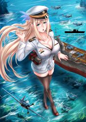 Rule 34 | 1girl, aircraft, airplane, black thighhighs, blonde hair, blue eyes, braid, breasts, cleavage, crazyskull, flight deck, from above, graphite (medium), hair ornament, highres, jacket, large breasts, lexington (warship girls r), long hair, long sleeves, looking at viewer, machinery, open mouth, short shorts, shorts, solo, standing, standing on liquid, thighhighs, traditional media, very long hair, warship girls r, white jacket, white shorts