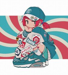 Rule 34 | 1girl, air max, air max 90, aqua background, aqua eyes, aqua footwear, aqua hat, aqua jacket, aqua shorts, badge, bandaid, bandaid on leg, baseball cap, blush, button badge, closed mouth, clothes writing, from side, halftone, halftone background, hand on own cheek, hand on own face, hand up, hat, highres, jacket, jitome, looking at viewer, looking to the side, nao97122, nike (company), original, outside border, patch, red background, red hair, ribbed socks, shoes, short hair, short twintails, shorts, sneakers, socks, solo, squatting, streetwear, twintails, white background, white sleeves, white socks