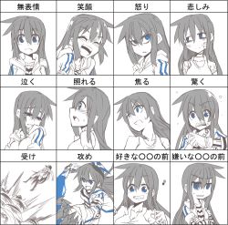 Rule 34 | 1girl, adyisu, angry, area aquamarine, bandaid, black hair, blue eyes, blush, chart, crying, expression chart, expressions, closed eyes, female focus, hood, hoodie, laughing, long hair, looking at viewer, monochrome, multiple views, musical note, open mouth, original, short hair, smile, spot color, surprised, sword, tears, teeth, upper body, weapon, white background