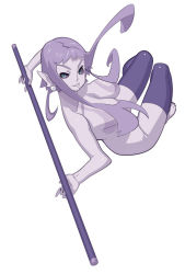 Rule 34 | 1girl, holding, looking at viewer, monochrome, nude, original, polearm, purple theme, rod, sidelocks, simple background, solo, staff, tensugi takashi, thighhighs, weapon, white background
