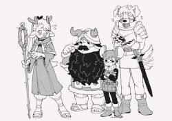 Rule 34 | 1girl, 3boys, armor, beard, boots, capelet, chilchuck tims, closed mouth, commentary, crossed arms, deer girl, dm kitsune, dog boy, dungeon meshi, facial hair, fake horns, flying sweatdrops, full body, furrification, furry, furry female, furry male, greyscale, helmet, holding, horned helmet, horns, laios touden, long hair, long sleeves, marcille donato, monochrome, mouse boy, multiple boys, open mouth, pants, robe, senshi (dungeon meshi), sheath, sheep boy, simple background, staff, standing, sweat, sword, symbol-only commentary, weapon