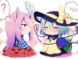 Rule 34 | ?, all fours, animal ears, aqua shirt, bad id, bad twitter id, bow, bubble skirt, cat ears, cat tail, checkered background, chibi, closed eyes, from side, full body, green hair, half-closed eyes, hat, hat bow, hata no kokoro, heart, heart of string, highres, kiss day, komeiji koishi, long hair, long sleeves, mask, pink eyes, pink hair, plaid, plaid shirt, red skirt, shirt, short hair, sitting, skirt, spoken blush, spoken question mark, tail, third eye, touhou, white background, wide sleeves, yellow bow, you (noanoamoemoe)