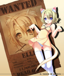 Rule 34 | 00s, 1girl, animal ear fluff, animal ears, blonde hair, blue eyes, cat ears, cat tail, el cazador de la bruja, ellis, ellis (el cazador de la bruja), panties, pantyshot, poster (object), solo, standing, tail, takatsukasa yue, thighhighs, underwear, wanted, white thighhighs, wind, wind lift