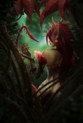 Rule 34 | 1girl, aveldine, earrings, highres, jewelry, league of legends, pointy ears, red hair, smile, tattoo, tree, zyra