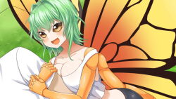 Rule 34 | 1boy, 1girl, antennae, arm hug, artist request, bike shorts, blush, breasts, butterfly girl, chitin, compound eyes, crop top, extra arms, flare (monster musume), game cg, grass, green hair, hair intakes, insect wings, medium breasts, medium hair, midriff, monster musume no iru nichijou, monster musume no iru nichijou online, official art, open mouth, tank top, white tank top, wings, yellow eyes