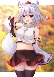 Rule 34 | 1girl, :d, animal ear fluff, animal ears, autumn leaves, bare shoulders, black skirt, black thighhighs, blurry, blurry background, blush, breasts, brown eyes, commentary request, cowboy shot, crop top, detached sleeves, fingernails, hair between eyes, hat, highres, inubashiri momiji, looking at viewer, medium bangs, medium breasts, midriff, miniskirt, navel, open mouth, panties, pantyshot, pom pom (clothes), red hat, red skirt, ribbon-trimmed sleeves, ribbon trim, salute, shirt, short hair, skindentation, skirt, sleeveless, sleeveless shirt, smile, solo, suigetsu (watermoon-910), tail, thighhighs, thighs, tokin hat, touhou, two-tone skirt, underwear, white hair, white shirt, wolf ears, wolf girl, wolf tail