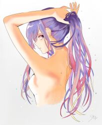 Rule 34 | 1girl, absurdres, alternate hair color, arms up, breasts, commentary, cropped torso, derivative work, english commentary, grey background, highres, kurokawa akane, long hair, looking at viewer, medium breasts, nude, oshi no ko, parted lips, ponytail, purple eyes, purple hair, signature, simple background, sky (thelowsky), solo, tying hair, upper body, yokoyari mengo (style)