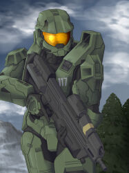 Rule 34 | 1boy, absurdres, armor, assault rifle, black gloves, bullpup, cloud, gloves, gun, halo (series), highres, holding, holding gun, holding weapon, ma5, male focus, master chief, mountain, power armor, rifle, sky, solo, spartan (halo), tome itou, tree, trigger discipline, weapon
