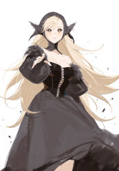 Rule 34 | 1girl, absurdres, bare shoulders, black dress, blonde hair, dress, dungeon meshi, highres, long hair, looking afar, marcille donato, marcille donato (lord), puffy sleeves, reaching, reaching towards viewer, simple background, solo, standing, white background, yi shin jian