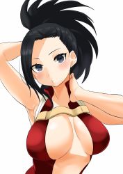 Rule 34 | 10s, 1girl, arm behind head, arm up, armpits, black eyes, black hair, blush, boku no hero academia, breasts, breasts apart, center opening, half-closed eyes, halterneck, head tilt, highres, hotate-chan, large breasts, leotard, looking at viewer, ponytail, simple background, sleeveless, solo, teeth, upper body, upper teeth only, white background, yaoyorozu momo
